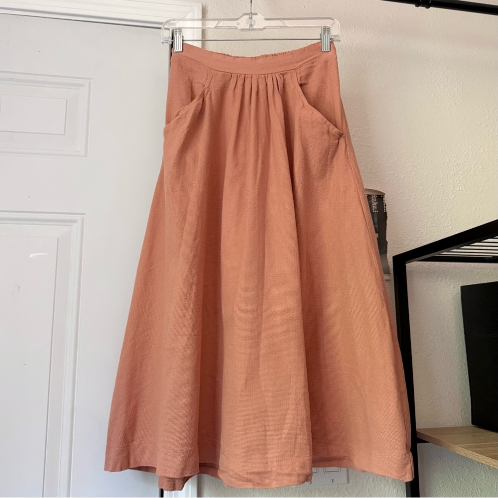 CURATOR SF peach orange organic cotton full a-line pull on elastic midi skirt